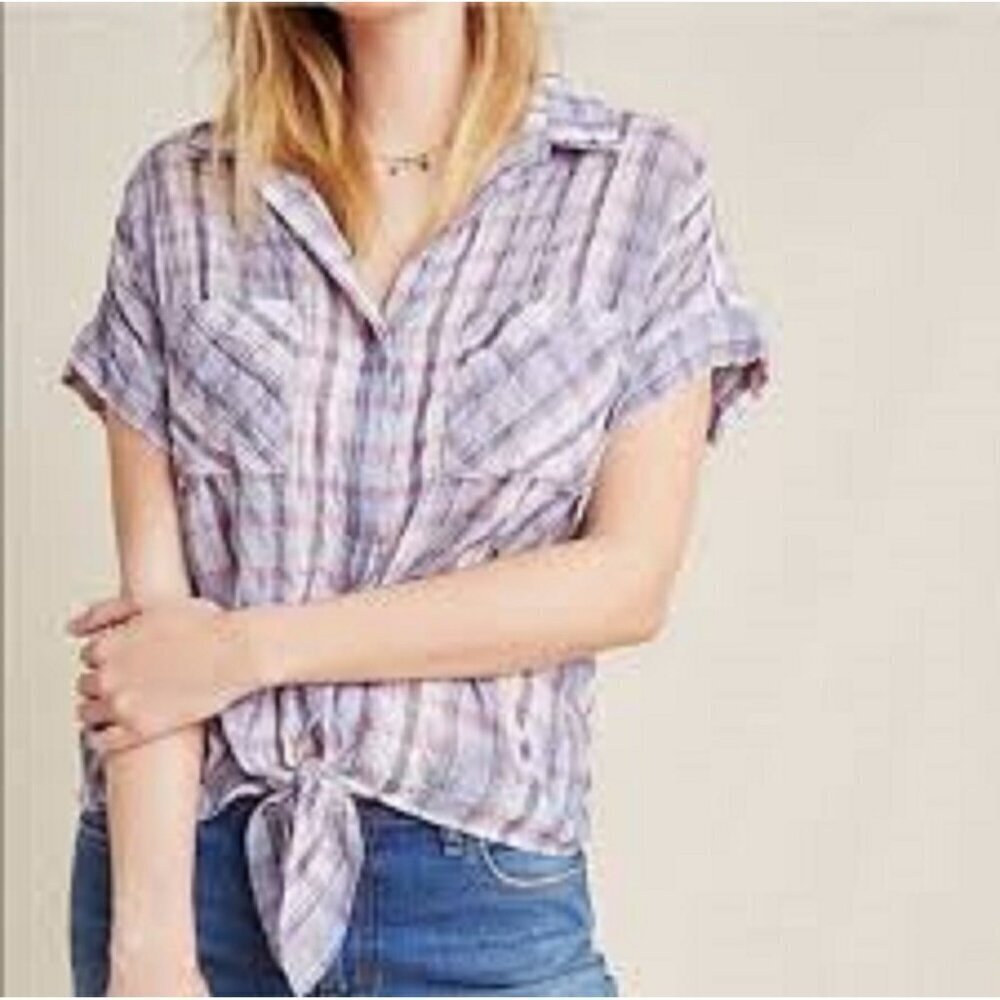 Anthropologie Cloth & Stone Tie Front Top Womens size S White Pink & Blue Plaid